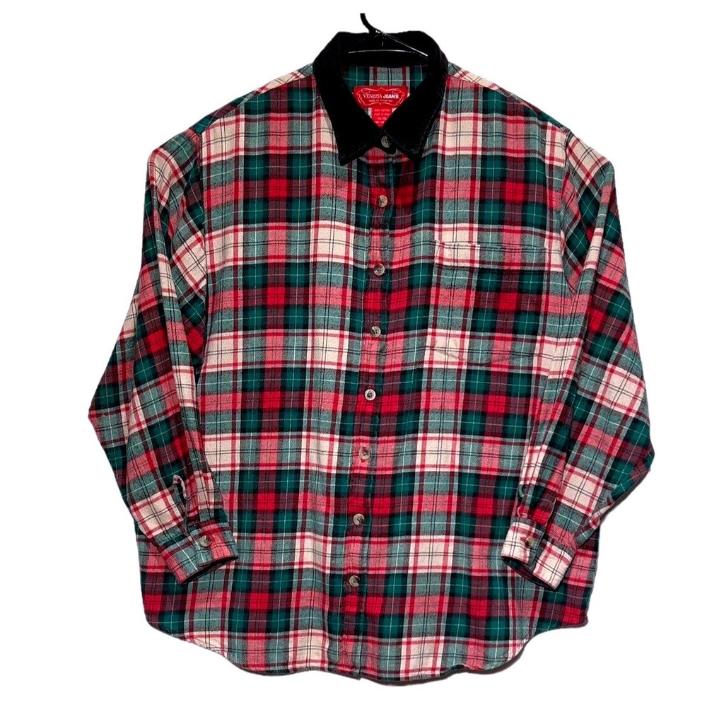 Vintage Venezia‎ Plaid Flannel Shirt Womens 14 Black Corduroy Collar Grunge Y2K